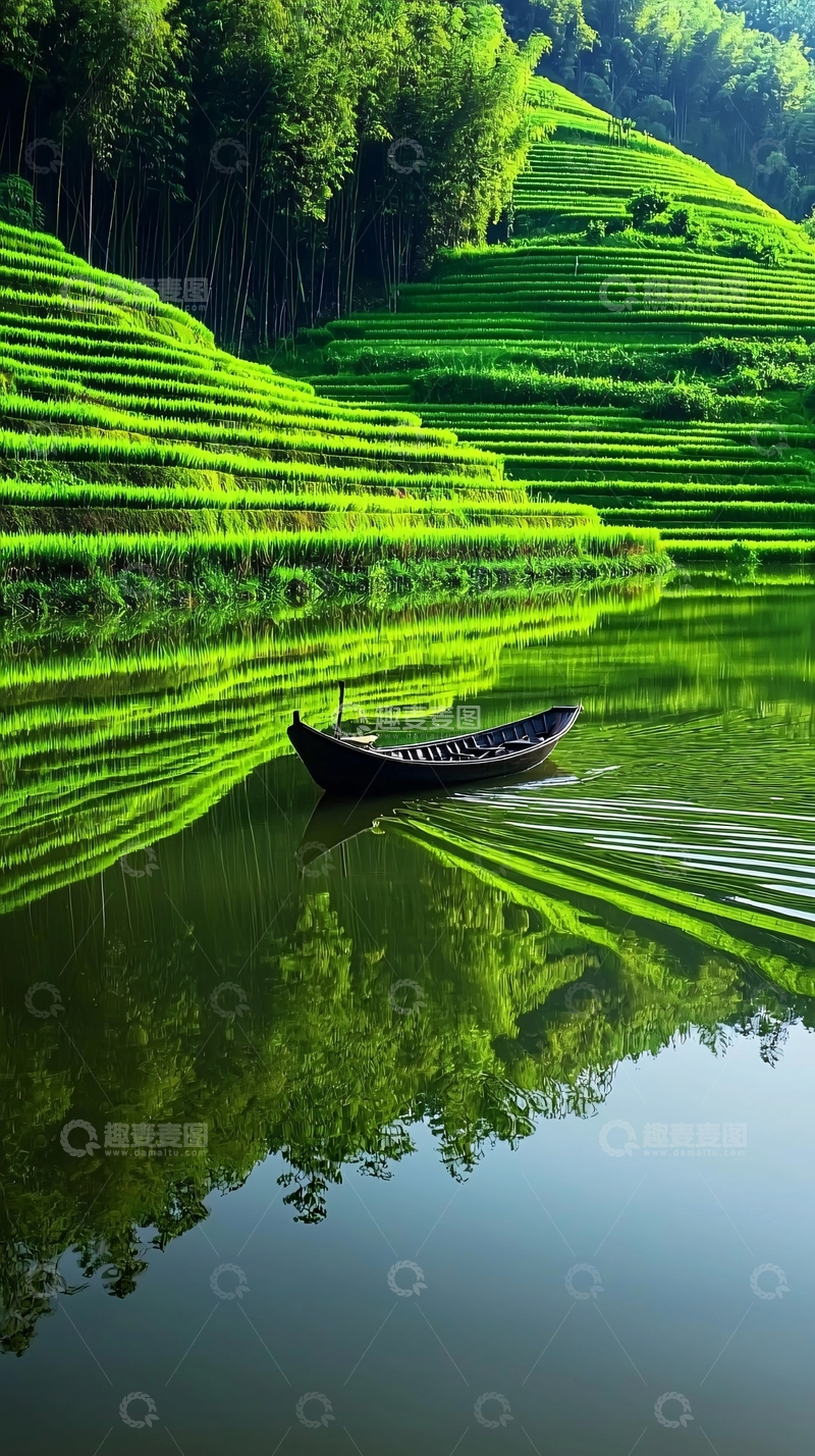高清大图下载【趣麦麦图】绿油油梯田倒影小船