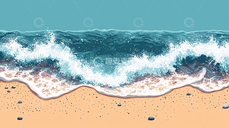 高清大图下载【趣麦麦图】海浪拍打沙滩的插画