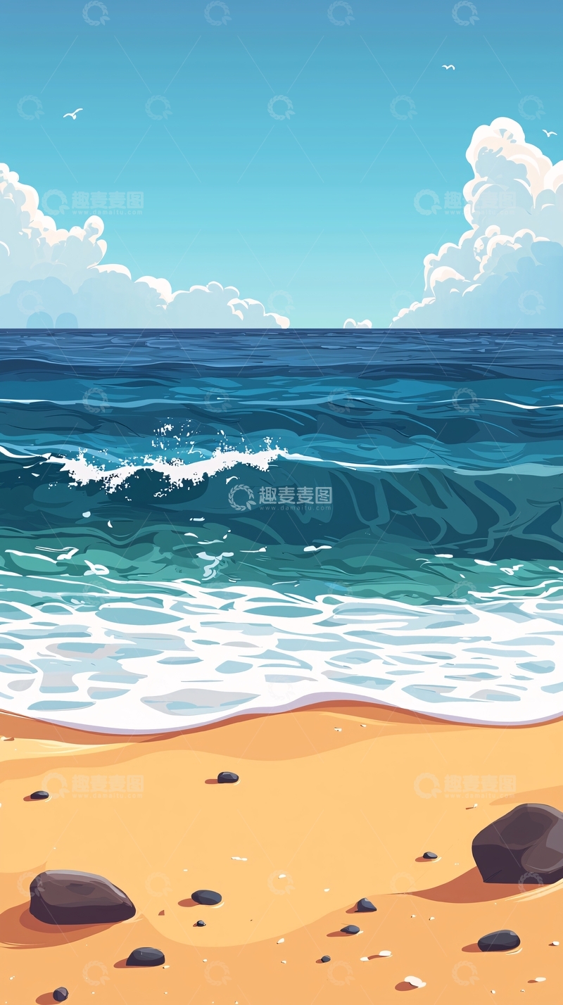 高清大图下载【趣麦麦图】夏日海滩卡通风景