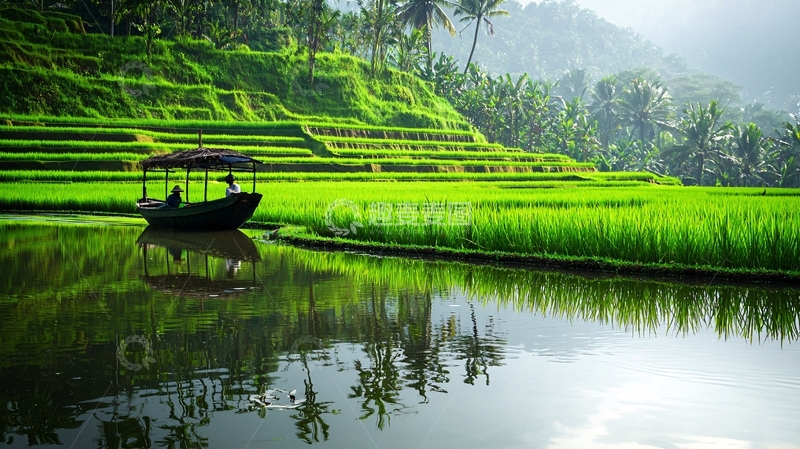 高清大图下载【趣麦麦图】稻田小船风景