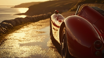 夕阳下海岸线旁的红色老爷车