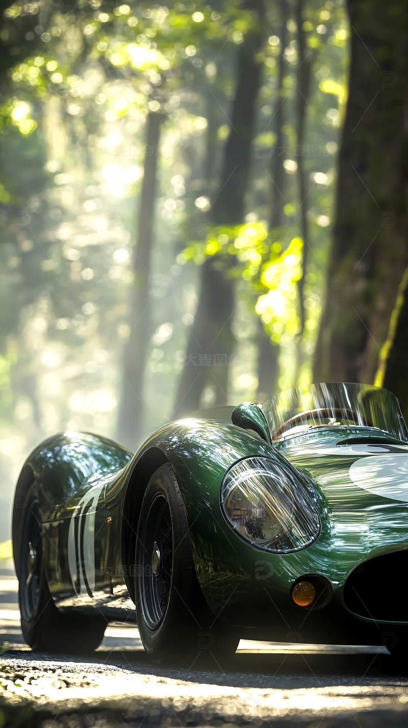 森林公路上的复古跑车