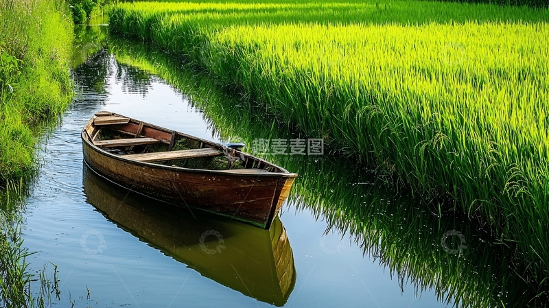 高清大图下载【趣麦麦图】小船停靠在稻田边的水渠