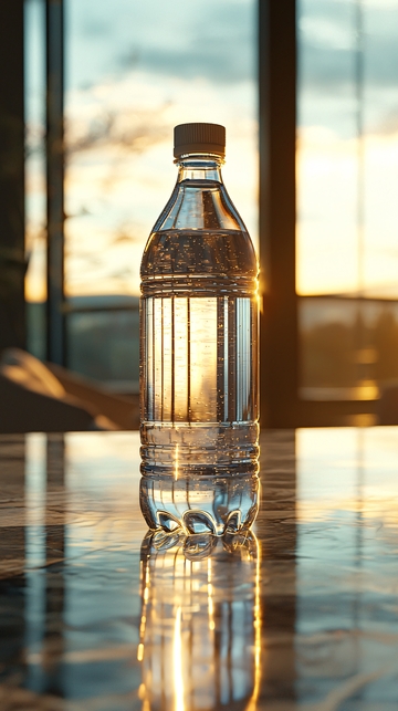 夕阳下桌上的矿泉水瓶
