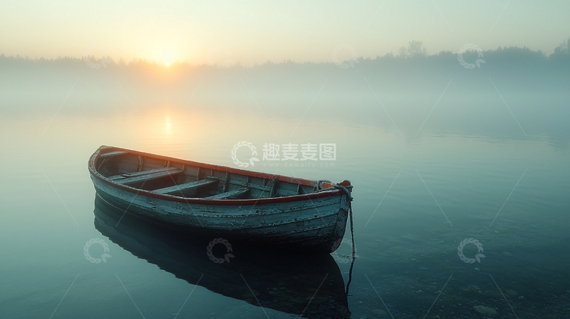 高清大图下载【趣麦麦图】雾中清晨的小船