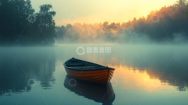 高清大图下载【趣麦麦图】雾中独木舟