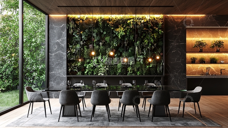 高清大图下载【趣麦麦图】现代简约风绿植墙餐厅