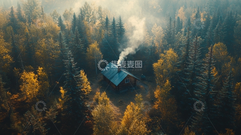 高清大图下载【趣麦麦图】秋日森林中的木屋