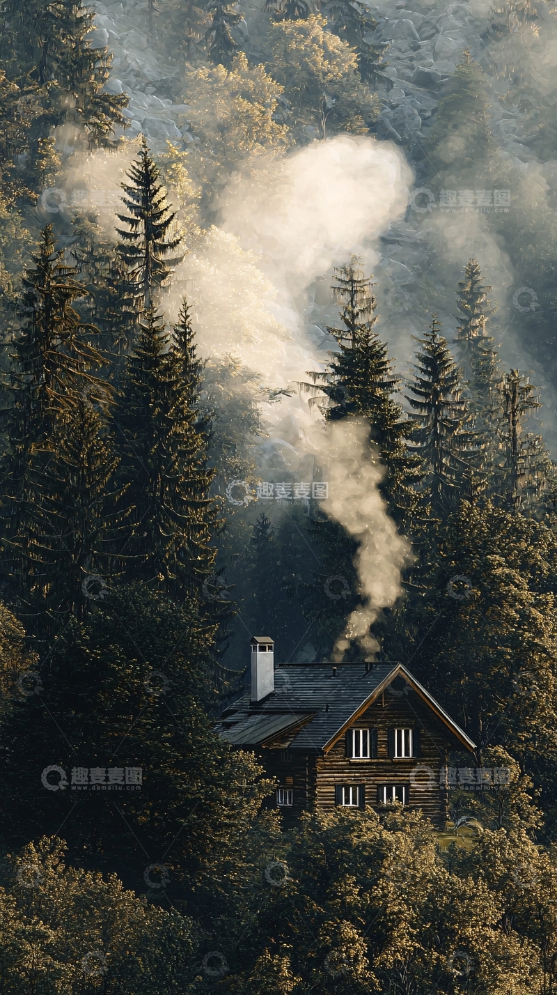 高清大图下载【趣麦麦图】森林小屋炊烟袅袅