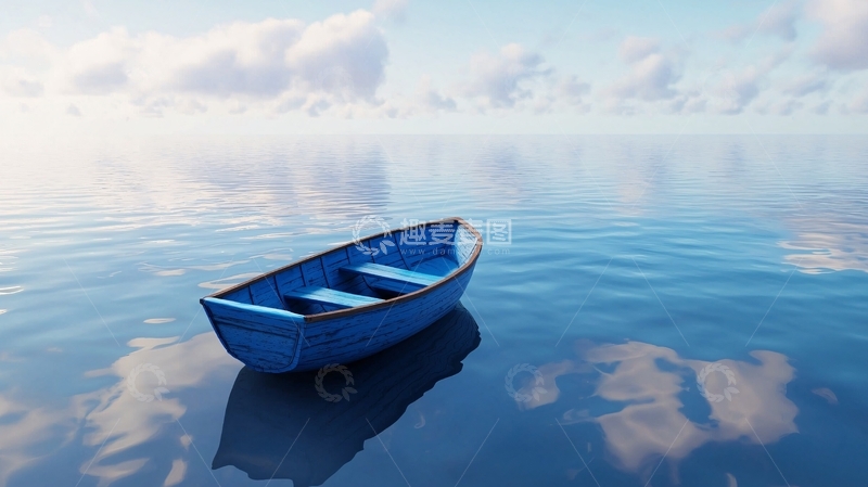 高清大图下载【趣麦麦图】平静水面上的蓝色小船