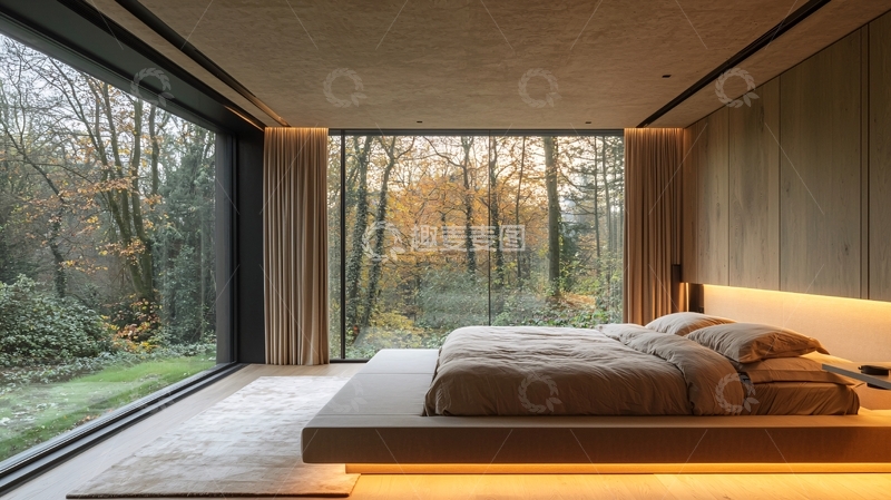 高清大图下载【趣麦麦图】卧室落地窗外森林风景