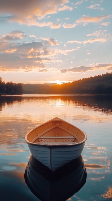 平静湖面上的小船日落