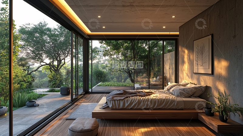 高清大图下载【趣麦麦图】极简风格卧室落地窗景观