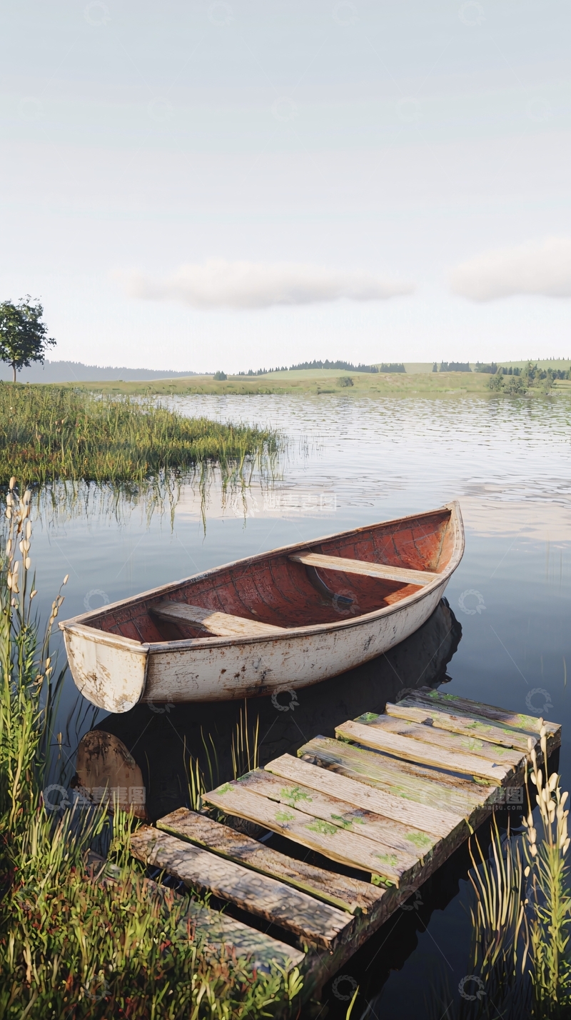高清大图下载【趣麦麦图】平静湖面上的老式木船