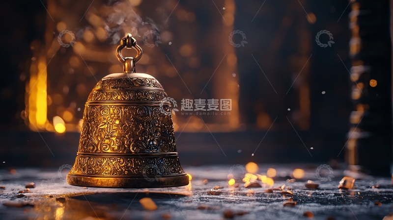高清大图下载【趣麦麦图】火焰背景下的金色铃铛
