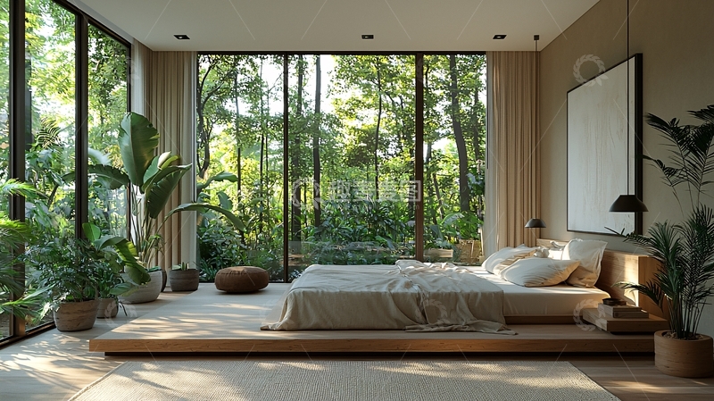 高清大图下载【趣麦麦图】卧室大落地窗丛林景观