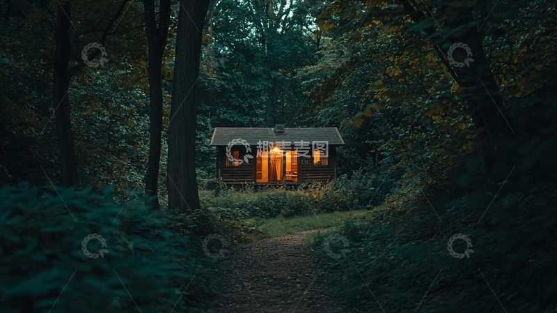 高清大图下载【趣麦麦图】森林小屋夜景
