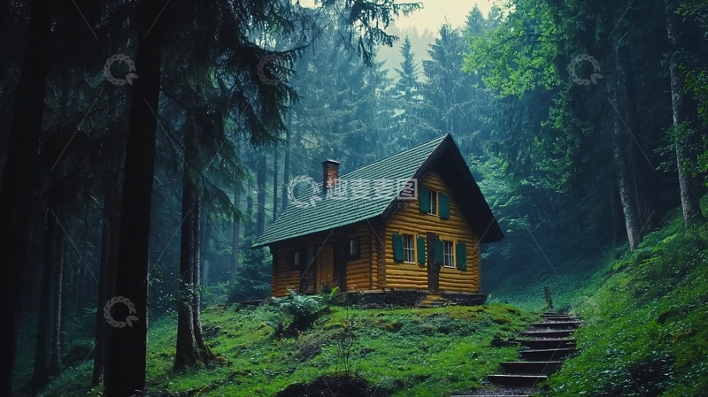 高清大图下载【趣麦麦图】雾气森林小屋