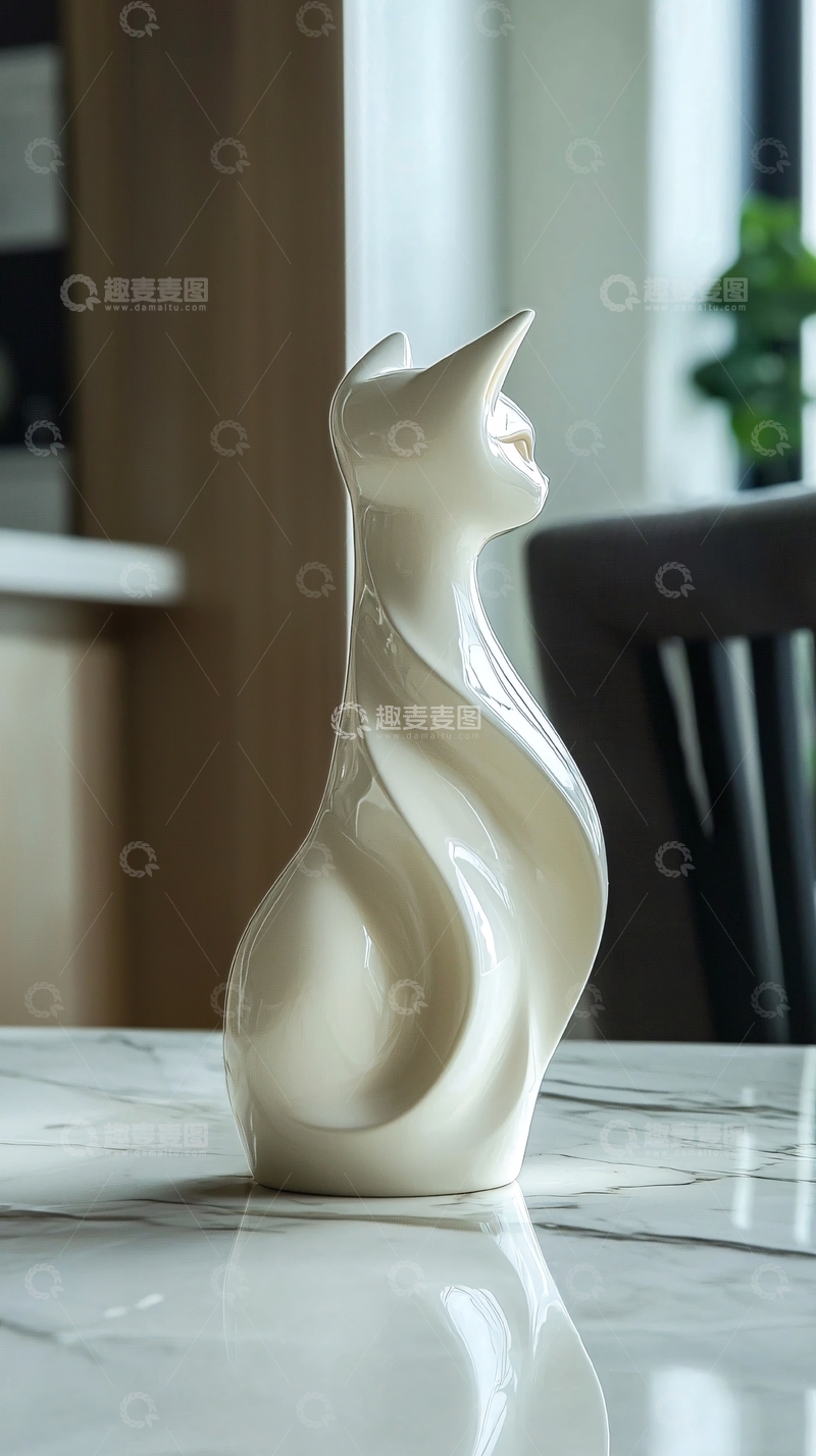 高清大图下载【趣麦麦图】白色陶瓷猫摆件
