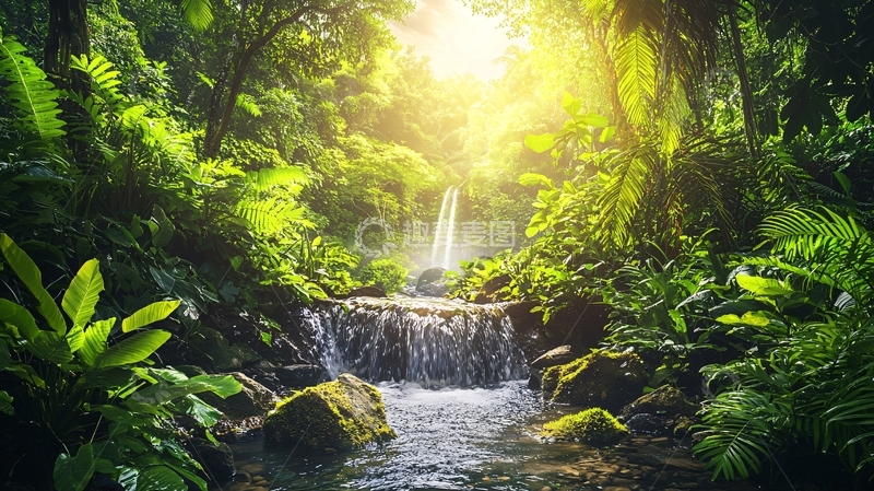 高清大图下载【趣麦麦图】热带雨林瀑布阳光景色