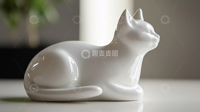 高清大图下载【趣麦麦图】白色陶瓷猫雕塑