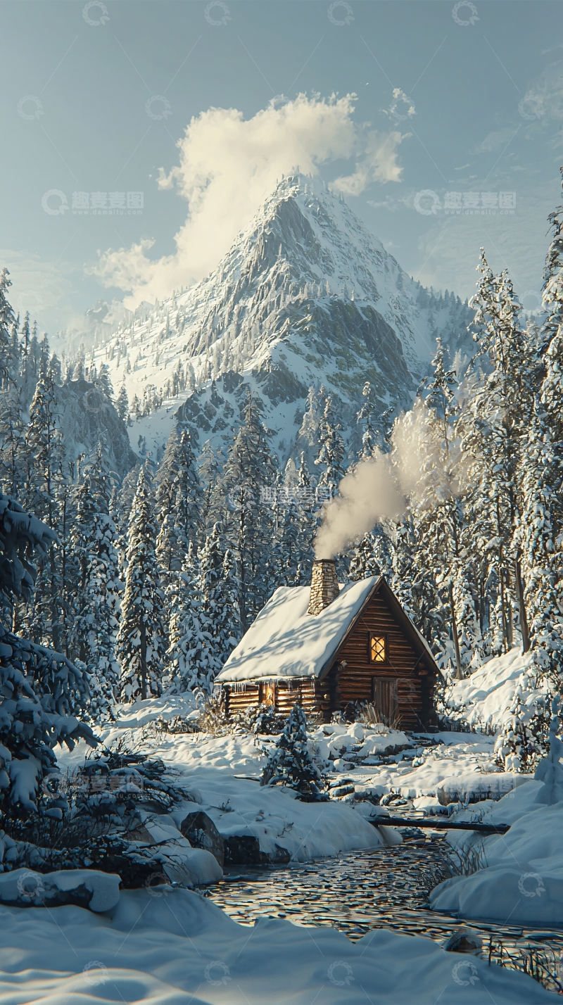 高清大图下载【趣麦麦图】雪山木屋