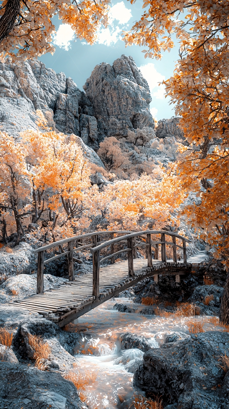 高清大图下载【趣麦麦图】秋日红叶山间木桥
