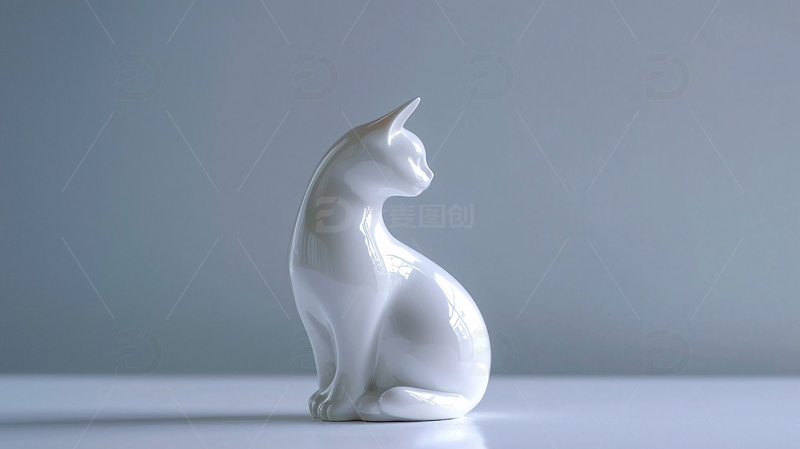 高清大图下载【趣麦麦图】白色陶瓷猫雕塑