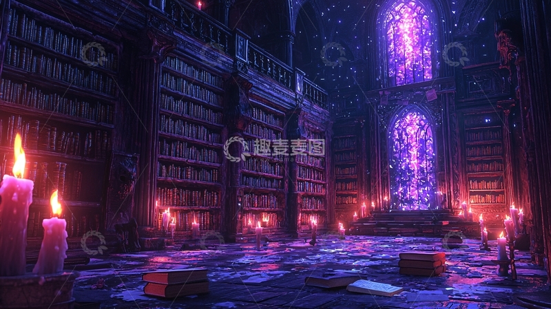 高清大图下载【趣麦麦图】哥特式图书馆夜景