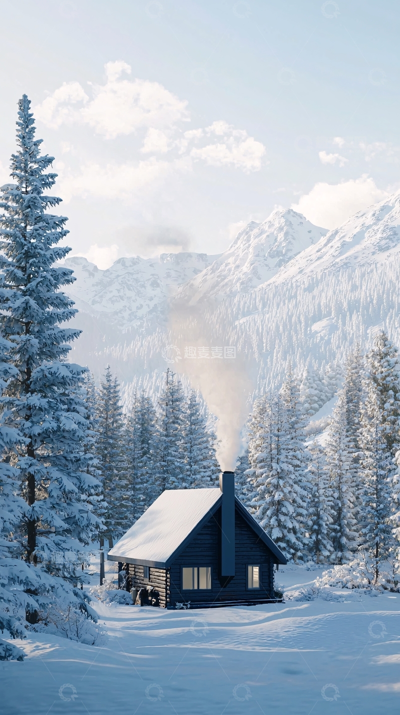 高清大图下载【趣麦麦图】雪山木屋