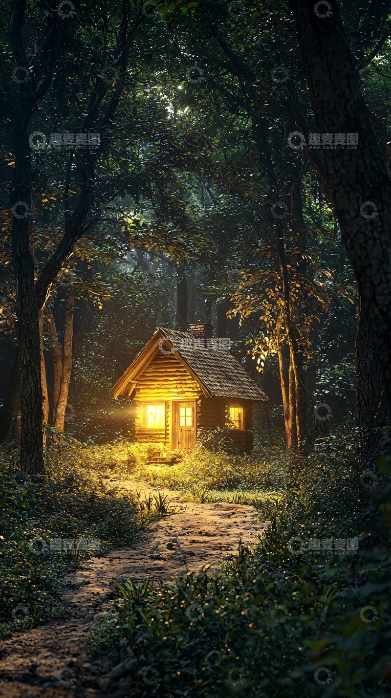 高清大图下载【趣麦麦图】森林小屋夜景