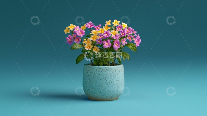 高清大图下载【趣麦麦图】蓝底背景下的花卉盆栽