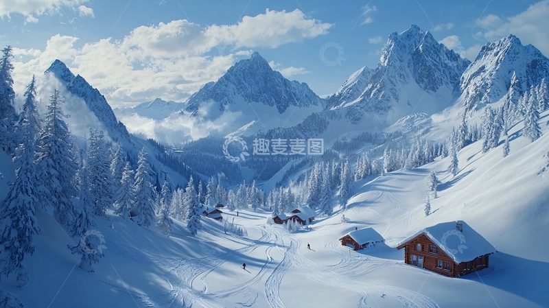 高清大图下载【趣麦麦图】雪山小屋冬季风景
