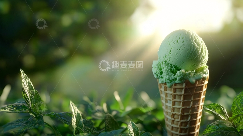高清大图下载【趣麦麦图】阳光下绿茶冰淇淋蛋筒