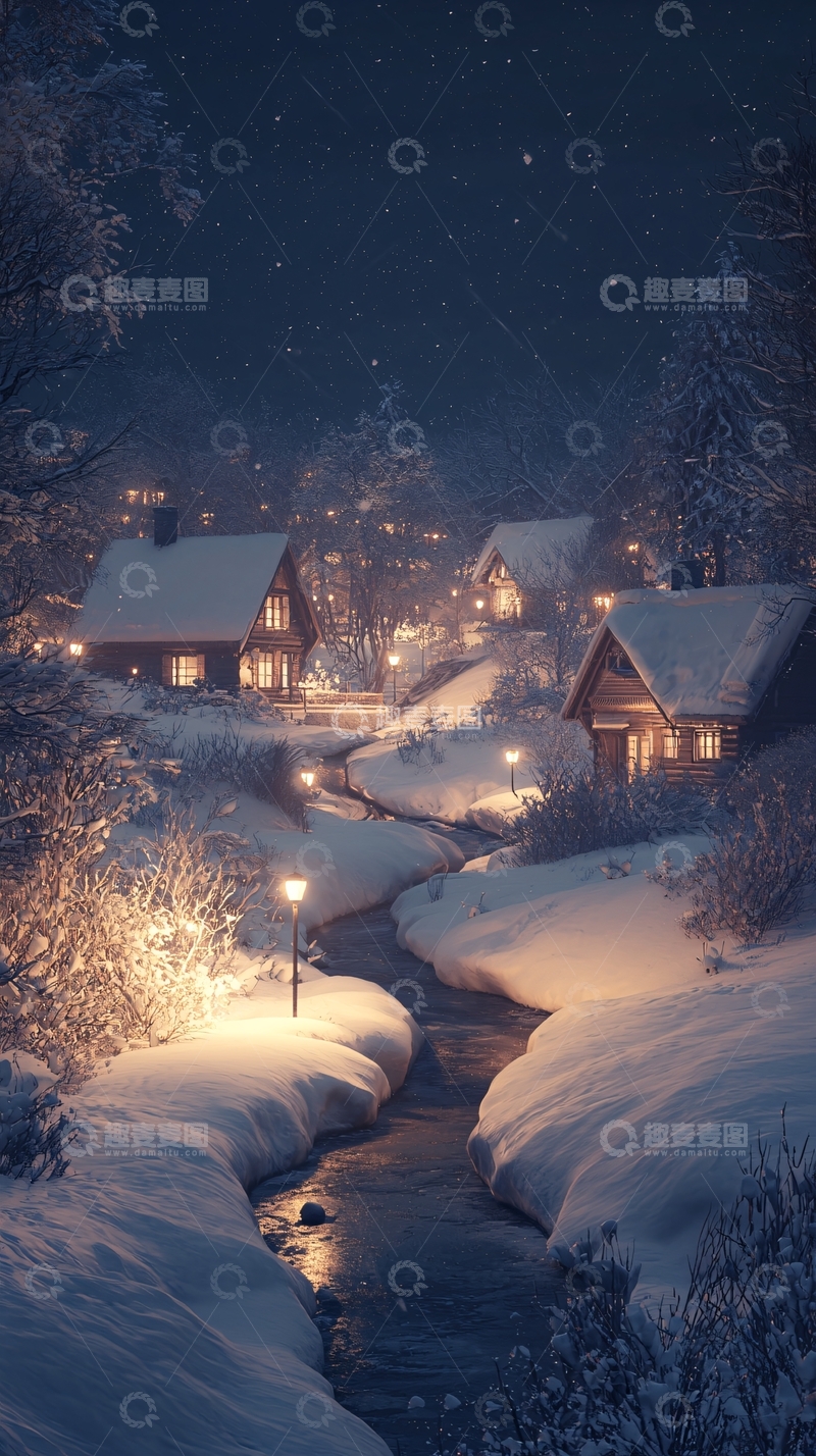 高清大图下载【趣麦麦图】冬夜雪景村庄