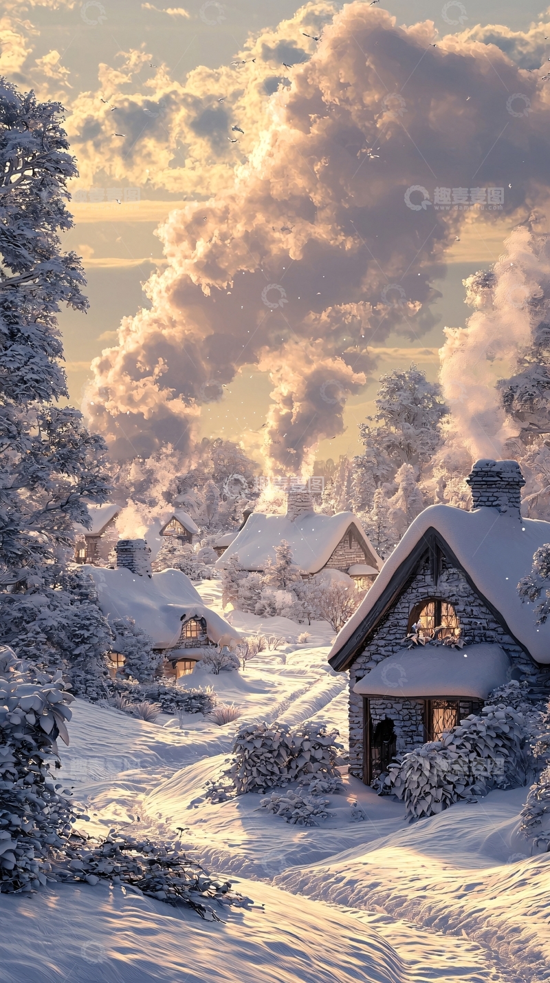 高清大图下载【趣麦麦图】冬日雪景村庄