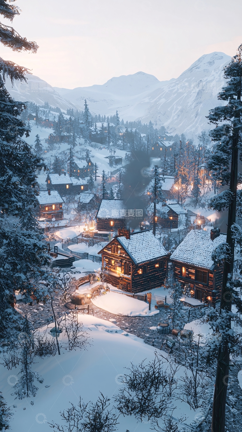 高清大图下载【趣麦麦图】雪山村庄夜景