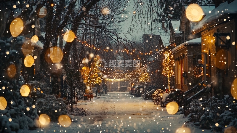 高清大图下载【趣麦麦图】冬夜雪景街巷暖灯
