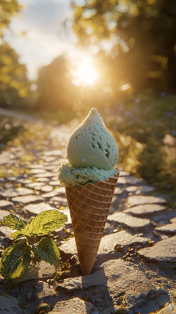 夕阳下鹅卵石路上的薄荷冰淇淋