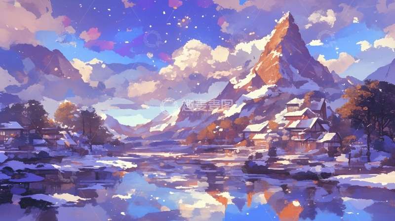 高清大图下载【趣麦麦图】雪山村庄风景画