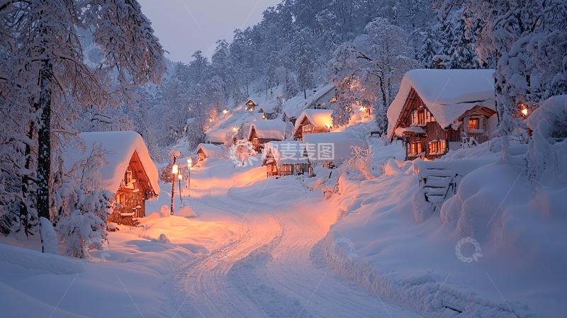 高清大图下载【趣麦麦图】雪夜小屋村庄