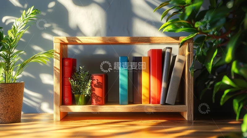 高清大图下载【趣麦麦图】-阳光下木质书架上的彩色书籍