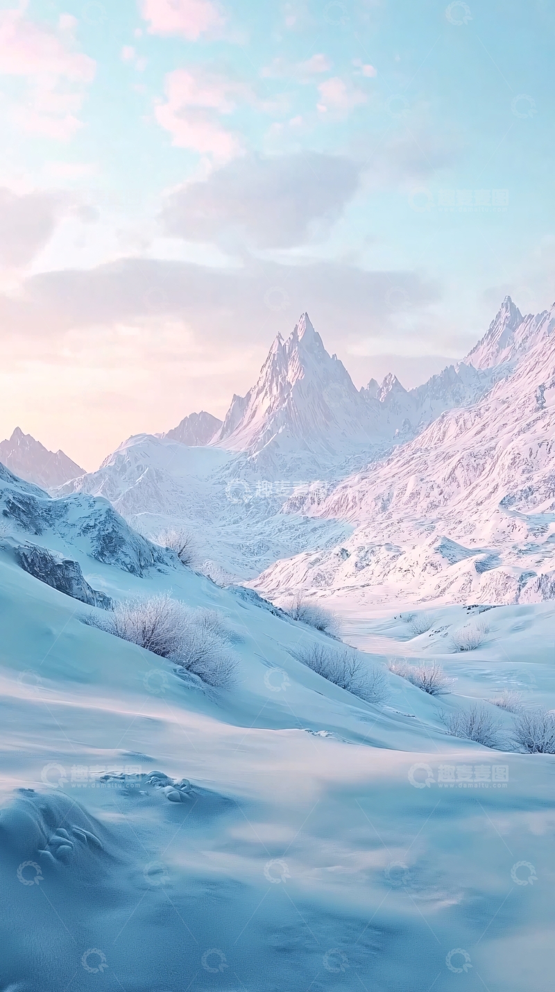 高清大图下载【趣麦麦图】粉色天空下的雪山