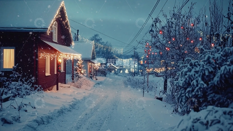 高清大图下载【趣麦麦图】下雪的圣诞小镇夜景