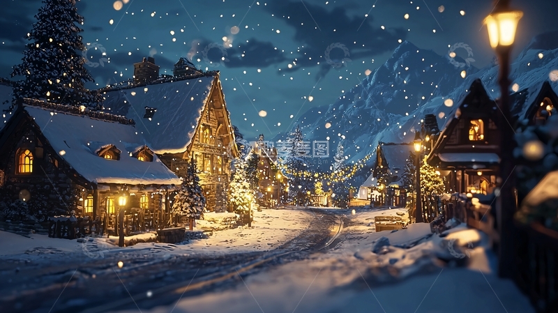 高清大图下载【趣麦麦图】下雪的圣诞小镇夜景