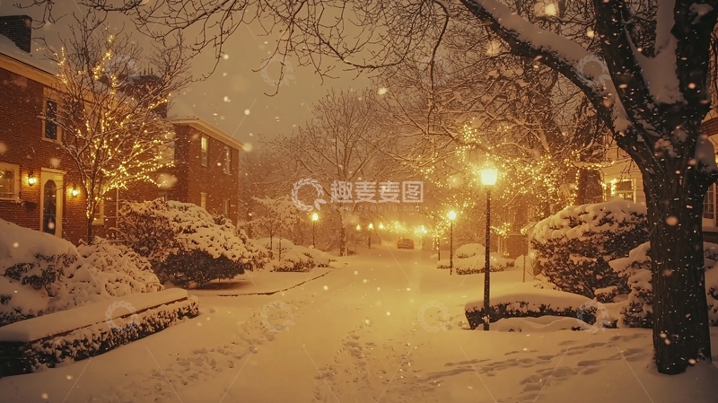 高清大图下载【趣麦麦图】冬夜雪景街道灯光