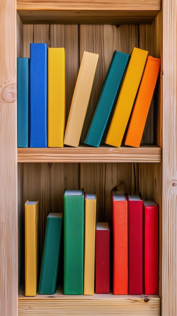 木质书架上的彩色书籍
