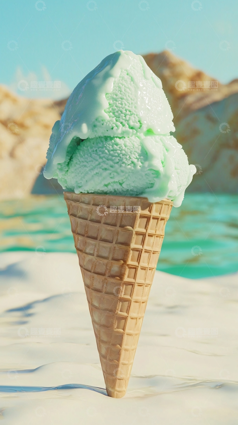 高清大图下载【趣麦麦图】碧蓝海滩上的薄荷冰淇淋