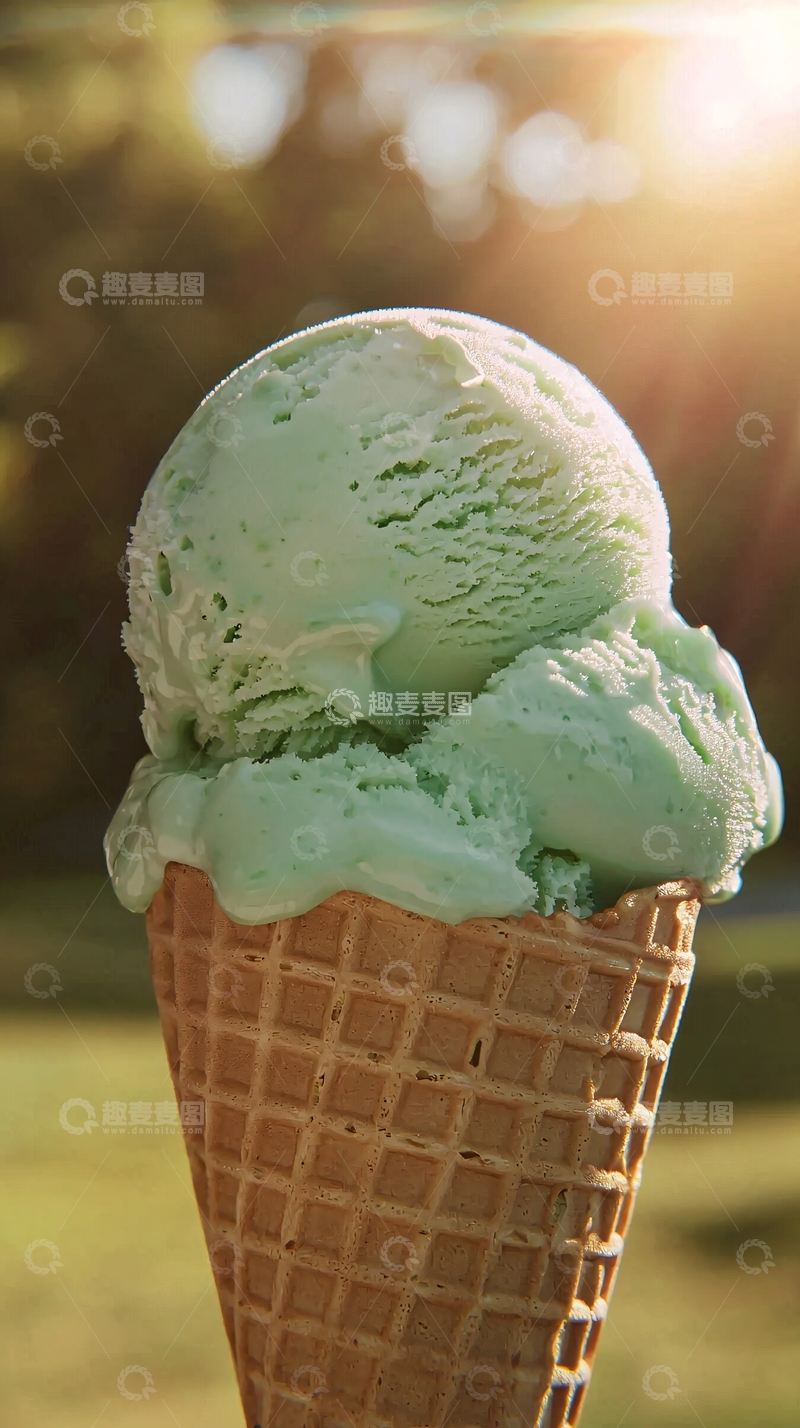 高清大图下载【趣麦麦图】阳光下抹茶冰淇淋蛋筒