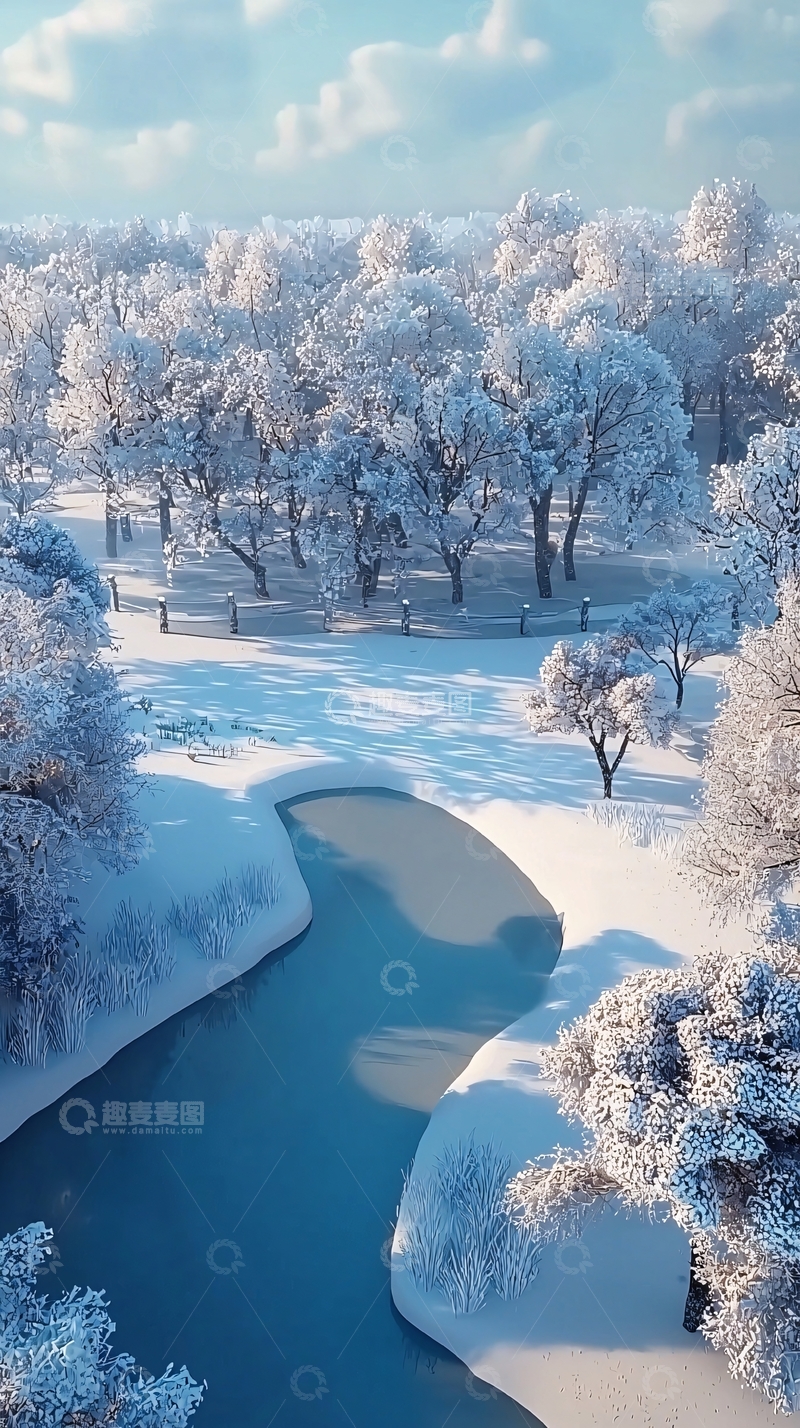 高清大图下载【趣麦麦图】冰雪覆盖的森林河流